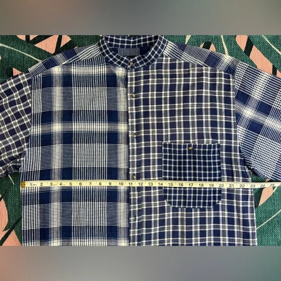 Vintage Santana Collarless Plaid Denim Button Up Shirt - Picture 9 of 11